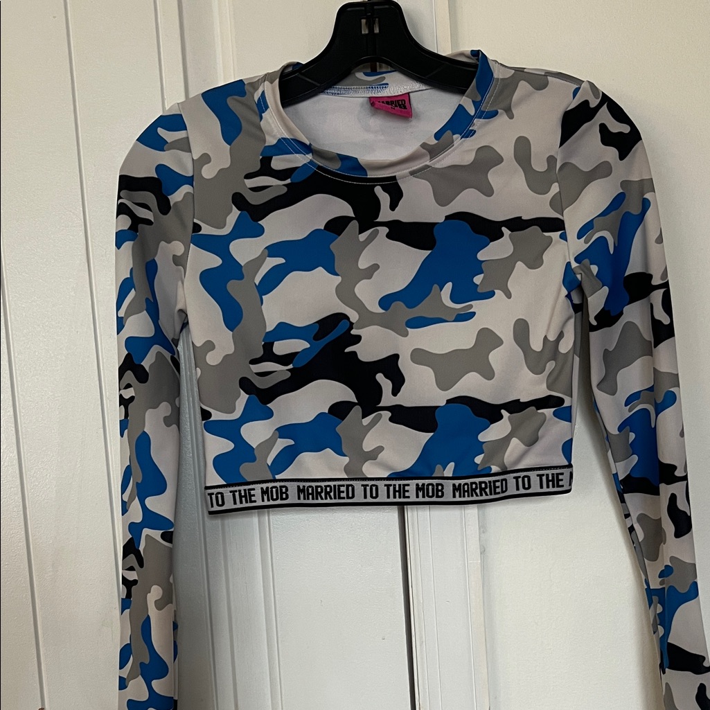 Married To The Mob Blue And Gray Camo Crop Top